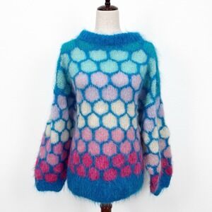 Unbranded Funky Honeycomb Fuzzy Sweater Womens 1X* Blue Pink Colorful Retro Boho